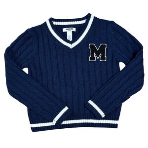 RSQ Dark Blue V-Neck Sweater with White Trim with the Letter M Youth Medium